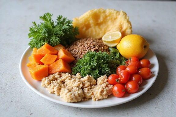 A modern, clean arrangement of fresh, healthy food on a minimalist table, featuring vibrant fruits, crisp vegetables, whole grains, and lean proteins, all artfully displayed. The lighting is soft and natural, emphasizing the freshness and inviting nature of the meal. There is no text in the image.